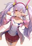  1girl ;o animal_ears azur_lane bangs breasts camisole clenched_hands collarbone commentary cowboy_shot eyebrows_visible_through_hair fake_animal_ears fur-trimmed_jacket fur_trim hair_between_eyes hair_ornament hairband highres jacket laffey_(azur_lane) long_hair long_sleeves looking_at_viewer off-shoulder_jacket one_eye_closed open_clothes open_jacket pink_jacket pleated_skirt rabbit_ears rainmood red_eyes red_hairband red_skirt rubbing_eyes sidelocks simple_background single_bare_shoulder skirt small_breasts solo standing strap_slip thigh-highs twintails very_long_hair w_arms white_camisole white_hair white_legwear zettai_ryouiki 