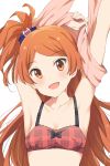  1girl armpits arms_up black_bow blush bow bow_bra bra breasts collarbone hair_ribbon highres hiroki_(yyqw7151) idolmaster idolmaster_million_live! long_hair looking_at_viewer midriff one_side_up oogami_tamaki open_mouth orange_eyes orange_hair red_bra ribbon simple_background small_breasts smile solo underwear undressing upper_body white_background 
