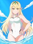  1girl bare_arms blonde_hair breasts chobi0521 choker covered_navel cowboy_shot day from_below hand_on_hip mythra_(xenoblade) medium_breasts one-piece_swimsuit outdoors sky solo swimsuit tiara white_choker white_swimsuit xenoblade_(series) xenoblade_2 yellow_eyes 