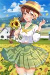  1girl arms_up bangs blue_sky blurry blurry_background blush boater_hat bouquet braid braided_ponytail brown_eyes brown_hair clouds commentary_request cowboy_shot depth_of_field field flower flower_field green_sailor_collar green_skirt hair_between_eyes head_tilt holding holding_bouquet long_hair long_sleeves looking_at_viewer low-tied_long_hair midriff_peek mountainous_horizon neckerchief niwata0 open_mouth original outdoors petals pleated_skirt rural sailor_collar shirt skirt sky solo standing sunflower thigh-highs thighs upper_teeth white_legwear white_shirt wind wind_lift yellow_neckwear 