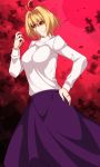 1girl ahoge antenna_hair arcueid_brunestud blonde_hair blush breasts byakkun_(byakkun8181) dark_persona evil_eyes evil_grin evil_smile grin hair_intakes highres impossible_clothes impossible_sweater large_breasts long_skirt long_sleeves melty_blood purple_skirt red_sclera short_hair skirt slit_pupils smile solo sweater thigh-highs tsukihime turtleneck warcueid yellow_eyes