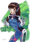  1girl bangs blue_bodysuit bodysuit brown_eyes brown_hair cowboy_shot d.va_(overwatch) double_w facepaint facial_mark gloves headphones highres long_hair looking_at_viewer medium_hair neon_genesis_evangelion open_mouth overwatch parody pilot_suit signature skin_tight smile solo style_parody unseriousguy w whisker_markings white_gloves 