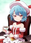 1girl alternate_costume bangs bare_shoulders bat_wings blue_hair chair collarbone cup detached_sleeves eyebrows_visible_through_hair hat highres holding holding_cup looking_at_viewer plate pointy_ears red_eyes remilia_scarlet short_hair sitting smile solo teacup touhou wings yutamaro 