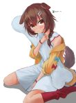  1girl :t absurdres animal_ears asao_(flavor_of_morning) blush body_pillow bone_hair_ornament braid brown_hair choker closed_mouth commentary dog_ears dog_tail dress full_body hair_between_eyes highres hololive inugami_korone jacket looking_at_viewer medium_hair off_shoulder pillow pillow_hug pout red_choker red_eyes red_legwear side_braids simple_background sitting sleeveless sleeveless_dress socks solo tail twin_braids virtual_youtuber wariza white_background white_dress yellow_jacket 