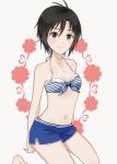  1girl antenna_hair arms_behind_back bangs bare_shoulders bikini bikini_top black_eyes black_hair blue_shorts breasts closed_mouth collarbone flower front-tie_bikini front-tie_top hair_between_eyes halterneck highres idolmaster idolmaster_(classic) idolmaster_2 kikuchi_makoto light_blush light_smile looking_at_viewer midriff mogskg navel short_hair short_shorts shorts sitting small_breasts solo striped striped_bikini swimsuit wariza white_background 