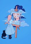  1girl artist_name black_cat blue_background blue_hair blue_skirt cat closed_eyes clouds easel flower from_behind full_body hair_flower hair_ornament long_skirt meyoco original painting painting_(object) pink_hair shirt short_sleeves simple_background skirt solo standing water_drop white_flower white_shirt 