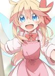  1girl :d apron bangs blonde_hair blush bow bowtie eyebrows_visible_through_hair eyes_visible_through_hair fairy_wings hair_between_eyes hair_bow highres lily_white long_hair looking_at_viewer no_hat no_headwear open_mouth pink_apron red_bow red_neckwear smile solo touhou wings yutamaro 