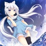  1girl absurdres animal_ear_fluff animal_ears bangs black_legwear blue_dress blue_eyes blush cat_ears cat_girl cat_tail closed_mouth commentary_request dress dutch_angle eyebrows_visible_through_hair feet_out_of_frame hair_between_eyes hair_ornament hand_on_headphones headphones headphones_around_neck highres long_hair looking_at_viewer low_twintails night night_sky original outdoors sailor_collar sailor_dress sakuraba_hikaru_(loveindog) short_sleeves single_thighhigh sky smile solo star_(sky) starry_sky tail thigh-highs twintails very_long_hair wading water water_drop white_hair white_sailor_collar x_hair_ornament 