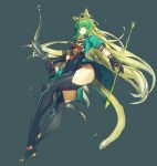  1girl ahoge animal_ears arrow_(projectile) atalanta_(fate) bangs black_footwear black_gloves blonde_hair boots bow_(weapon) breasts cat_ears dress fate/apocrypha fate_(series) gloves green_dress green_eyes green_hair legs long_hair looking_at_viewer medium_breasts melon22 multicolored_hair puffy_short_sleeves puffy_sleeves short_sleeves simple_background thigh-highs thigh_boots two-tone_hair weapon 