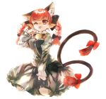  1girl :3 ;p animal_ear_fluff animal_ears bangs bell black_bow blunt_bangs bow braid cat_ears cat_tail commentary_request dress extra_ears frilled_dress frilled_sleeves frills green_dress hair_bow jingle_bell juliet_sleeves kaenbyou_rin konabetate long_hair long_sleeves multiple_tails neck_bell one_eye_closed pointy_ears puffy_sleeves red_bow red_eyes redhead seiza shiny shiny_hair simple_background sitting solo tail tail_bow tongue tongue_out touhou twin_braids two_tails white_background 
