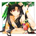  1girl armlet asymmetrical_legwear asymmetrical_sleeves bangs beach black_hair character_name chin_rest cocktail cocktail_glass commentary_request crossed_legs crown cup detached_sleeves drinking_glass earrings elbow_gloves fate/grand_order fate_(series) food fruit gloves hand_on_own_chin highres hoop_earrings iris_(tb33064667) ishtar_(fate)_(all) ishtar_(fate/grand_order) jewelry legs_together legs_up long_hair looking_at_viewer lying neck_ring on_stomach palm_leaf palm_tree parted_bangs red_eyes sand single_detached_sleeve single_elbow_glove single_sleeve single_thighhigh smile smug solo thigh-highs tiara toeless_legwear tree two_side_up 