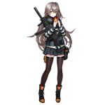  1girl alternate_costume bangs black_footwear black_legwear black_scarf black_skirt blush boots brown_eyes closed_mouth crossed_bangs eyebrows_visible_through_hair full_body gift girls_frontline grey_hair gun h&amp;k_ump hair_between_eyes hands_up heckler_&amp;_koch holding holding_gift holding_gun holding_weapon infukun long_hair looking_at_viewer miniskirt official_art one_side_up pleated_skirt scar scar_across_eye scarf skirt smile solo standing striped striped_scarf striped_sweater submachine_gun sweater thigh-highs transparent_background ump45_(girls_frontline) valentine very_long_hair weapon zettai_ryouiki 