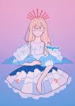  1girl artist_name bangs blonde_hair blue_background closed_eyes cloud_print clouds crescent_moon cropped_torso expressionless gradient gradient_background long_hair meyoco moon no_nose original pink_background purple_background rabbit solo sparkle 