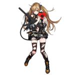  1girl ahoge alternate_costume bangs black_footwear black_legwear black_shorts boots box brown_hair damaged eyebrows_visible_through_hair full_body gift girls_frontline gun h&amp;k_ump hands_up heart-shaped_box heckler_&amp;_koch holding holding_gift infukun long_hair looking_at_viewer official_art open_mouth red_eyes short_shorts shorts sidelocks solo standing striped striped_sweater submachine_gun sweater teeth thigh-highs torn_clothes torn_legwear torn_shorts transparent_background twintails ump9_(girls_frontline) valentine weapon 