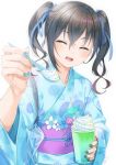  1girl :d ^_^ bangs black_hair black_nails blue_kimono blue_nails blue_ribbon blush closed_eyes commentary_request cup disposable_cup eyebrows_visible_through_hair facing_viewer feeding floral_print hair_between_eyes hair_ribbon holding holding_cup holding_spoon idolmaster idolmaster_cinderella_girls japanese_clothes kimono long_hair long_sleeves miri_(ago550421) mole mole_under_eye nail_polish obi open_mouth print_kimono ribbon sash sharp_teeth simple_background smile solo spoon sunazuka_akira teeth twintails upper_body white_background wide_sleeves 