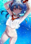  1girl absurdres air_bubble animal_ear_fluff animal_ears arm_strap armpits arms_up bare_shoulders bikini blue_hair breasts bubble freediving halter_top halterneck highres hololive long_hair looking_at_viewer navel orange_eyes rabbit_ears scrunchie seicoh small_breasts smile solo stomach string_bikini swimsuit thighs underwater usada_pekora virtual_youtuber water white_bikini wrist_scrunchie 