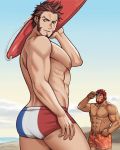  2boys abs absurdres alternate_costume ass bara beard blood blue_eyes brown_hair chest commission couple eyewear_on_head facial_hair fate/grand_order fate/zero fate_(series) goatee highres iskandar_(fate) looking_at_viewer male_focus male_swimwear multiple_boys muscle napoleon_bonaparte_(fate/grand_order) nosebleed pectorals redhead scar sideburns smile steel_peach swimwear thighs 
