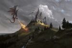  castle clouds cloudy_sky dragon fantasy fire highres krita_(medium) landscape large_wings no_humans original philipp_urlich river ruins scenery sky tree wyvern 