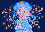  1girl artist_name black_background blue_dress braid dress glowing long_hair meyoco original pink_hair profile side_braid simple_background solo sparkle star_(symbol) transparent upper_body 
