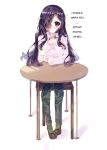  1girl airy45525312 bangs black_hair blush burn_scar casual center_frills chair commentary commission elbow_rest english_commentary english_text full_body hair_over_one_eye hand_up highres ikezawa_hanako katawa_shoujo light_smile long_hair long_sleeves looking_at_viewer pants scar shirt simple_background sitting solo table violet_eyes white_background white_shirt 