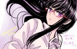  1girl black_hair character_name collared_shirt commentary copyright_name dated glasses himawari-san himawari-san_(character) lips long_hair looking_at_viewer pink_lips red-framed_eyewear shirt solo sugano_manami translation_request upper_body violet_eyes white_shirt 