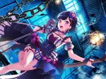 1girl bang_dream! black_hair blush chain dress guitar holding_instrument holding_microphone lamp lightning lightning_bolt looking_at_viewer mitake_ran official_art open_mouth red_eyes red_nails short_hair solo window