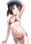  1girl alternate_costume aqua_eyes arm_behind_head arm_up armpits ass_visible_through_thighs bare_shoulders bikini blush brown_hair collarbone cowboy_shot daitou_(kantai_collection) eyebrows_visible_through_hair flat_chest grin groin hat head_tilt highres kabayaki_namazu kantai_collection looking_at_viewer micro_bikini navel petite red_bikini sailor_hat short_hair side-tie_bikini simple_background smile solo standing stomach string_bikini swimsuit white_background white_headwear 