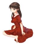  1girl barefoot blush breasts brown_eyes brown_hair dress full_body kuuro_kuro long_hair looking_at_viewer medium_breasts original red_dress simple_background sitting smile solo wariza white_background 