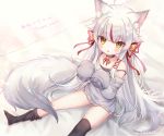  1girl :&lt; ahoge animal_ear_fluff animal_ears artist_name bangs bare_shoulders bed_sheet bell bell_choker black_camisole black_choker black_legwear blush brown_eyes camisole choker commentary_request fox_ears fox_girl fox_tail grey_shirt hair_bell hair_ornament hair_ribbon highres jingle_bell kamiko_kana kamiko_kana_channel long_hair long_sleeves looking_at_viewer multicolored_hair no_shoes off_shoulder parted_bangs red_ribbon redhead ribbon rukako shirt signature silver_hair sitting sleeves_past_fingers sleeves_past_wrists solo strap_slip streaked_hair tail thank_you thigh-highs thighhighs_pull translation_request triangle_mouth very_long_hair virtual_youtuber 