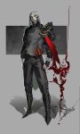  1boy absurdres alcohol armor blood closed_mouth cup dagger drinking_glass dripping gem greaves highres long_hair male_focus original pauldrons red_eyes shoulder_armor single_pauldron solo standing sundujuan vampire weapon white_hair wine wine_glass 