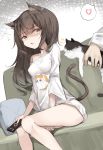  /\/\/\ 1boy 1girl animal animal_ear_fluff animal_ears bare_legs breasts brown_eyes brown_hair cat cat_ears cat_girl cat_tail collarbone commentary controller couch feet_out_of_frame glaring heart highres holding holding_animal holding_cat long_hair long_sleeves no_pants off_shoulder on_couch original pillow print_shirt remote_control shaded_face shirt sideways_glance single_bare_shoulder sitting small_breasts solo_focus speech_bubble spoken_heart sunoril tail white_hair 