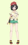  1girl :d bag bangs bare_legs beanie black_footwear black_hair blue_eyes blush collarbone full_body green_shorts hand_on_own_chest handbag hat highres looking_back mizuki_(pokemon) open_mouth pokemon pokemon_(game) pokemon_sm red_headwear ribbon round_teeth shirt short_hair short_shorts short_sleeves shorts shoulder_bag simple_background smile solo standing swept_bangs teeth tied_shirt tsukishiro_saika upper_teeth yellow_background yellow_ribbon yellow_shirt z-ring 