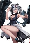  1girl :d animal_ears arknights armpits bare_arms bare_legs bare_shoulders black_dress cero_(last2stage) china_dress chinese_clothes clothes_around_waist dress eyewear_on_head feater_(arknights) gold_trim grey_hair grey_jacket hair_over_one_eye hand_up highres jacket jacket_around_waist knee_up long_hair looking_at_viewer mechanical_arms multicolored_hair open_mouth outstretched_arm panda_ears pelvic_curtain red_eyes round_eyewear shoes simple_background sleeveless sleeveless_dress smile sneakers socks solo streaked_hair sunglasses thighs twintails white_background 