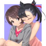  2girls asymmetrical_bangs bangs black_hair brown_eyes brown_hair cardigan closed_eyes closed_mouth collarbone collared_dress commentary_request dress eyebrows_visible_through_hair eyelashes grey_cardigan hair_ribbon highres hug hug_from_behind mary_(pokemon) multiple_girls pink_dress pokemon pokemon_(game) pokemon_swsh rai_(bakakorosuke) red_ribbon ribbon shiny shiny_hair short_hair smile yuri yuuri_(pokemon) 