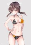  1girl absurdres bikini breasts brown_eyes brown_hair collarbone cowboy_shot gertrud_barkhorn grey_background hands_on_hips highres long_hair looking_at_viewer martinreaction medium_breasts multicolored multicolored_bikini multicolored_clothes side-tie_bikini simple_background solo strike_witches swimsuit twintails world_witches_series 