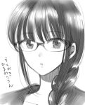 1girl black_hair character_name commentary_request copyright_name eyebrows_visible_through_hair face glasses greyscale hair_between_eyes himawari-san himawari-san_(character) long_hair looking_at_viewer monochrome parted_lips portrait solo sugano_manami translated white_background 