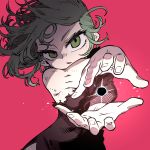  1girl black_dress black_hole breasts commentary curly_hair dress energy_ball flipped_hair foreshortening green_eyes green_hair highres no_bra one-punch_man pink_hair side_slit small_breasts solo ssambatea tatsumaki telekinesis torn_clothes torn_dress torn_sleeve 