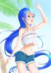  1girl alternate_costume aomi_one arm_up bangs bare_arms blue_eyes blue_hair blurry blurry_background blush commentary_request crop_top eyebrows_visible_through_hair highres kantai_collection long_hair navel open_mouth palm_tree samidare_(kantai_collection) short_shorts shorts solo swept_bangs tree very_long_hair 