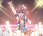  1girl :d ahoge blush bow bowtie brown_hair gloves green_eyes hair_bow hand_up highres holding holding_microphone hololive hololive_idol_uniform kukie-nyan looking_at_viewer microphone natsuiro_matsuri navel orange_bow orange_bowtie orange_skirt side_ponytail skirt smile solo sparkle twitter_username vest virtual_youtuber white_bow white_gloves wristband 