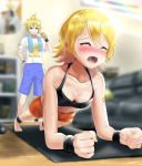  1boy 1girl absurdres air_conditioner ankleband banana banana_print blonde_hair blurry blurry_background blush clenched_hands closed_eyes commentary couch eating exercise food foreshortening fruit furrowed_eyebrows highres indoors itogari kagamine_len kagamine_rin mat nail_polish open_mouth orange_shorts planking shelf shirt short_hair shorts shoulder_tattoo spiky_hair sports_bra standing sweat t-shirt tattoo towel vocaloid wristband yellow_nails 