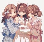  3girls bangs blue_bow blue_dress bow box braid brown_eyes brown_hair doughnut dress expressionless food frilled_dress frilled_sleeves frills hair_between_eyes hair_bow holding holding_box holding_food ka_(marukogedago) long_hair long_sleeves looking_at_viewer medium_hair multiple_girls open_mouth original pastry_box pink_dress simple_background smile upper_body white_background white_bow white_dress 