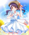  1girl :q bag bang_dream! bangs bare_shoulders blue_ribbon blue_sky blush breasts brown_eyes collarbone commentary_request cowboy_shot day dress eyebrows_visible_through_hair field flower flower_field food futaba_tsukushi hair_ribbon hand_on_headwear hand_up hat hat_ribbon highres holding holding_food kurauchin_start lens_flare light_rays long_hair looking_at_viewer outdoors pink_ribbon popsicle purple_hair ribbon sailor_collar sailor_dress shoulder_bag sidelocks sky small_breasts smile solo standing summer sun_hat sunbeam sunflower sunflower_petals sunlight tongue tongue_out twintails white_dress white_sailor_collar 