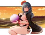  1girl absurdres ball beachball bikini black_bikini blue_eyes blue_hair breasts byleth_(fire_emblem) byleth_eisner_(female) fire_emblem fire_emblem:_three_houses fire_emblem_heroes flower from_side hair_flower hair_ornament highres holding large_breasts looking_to_the_side sitting solo swimsuit tero_(o11q) 