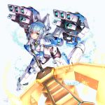  1girl alice_gear_aegis black_legwear blue_eyes blue_hair bodysuit commentary_request doyouwantto explosion head_gear holding holding_lance holding_weapon lance mecha_musume polearm solo weapon 
