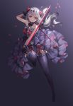  1girl bangs black_background commentary_request detached_collar dress dual_wielding eyebrows_visible_through_hair flower garter_belt gradient gradient_background grey_background hair_between_eyes hair_flower hair_ornament holding holding_sword holding_weapon honkai_(series) honkai_impact_3rd leg_up long_hair looking_at_viewer lunacle petals purple_dress purple_legwear red_eyes sidelocks silver_hair sleeveless sleeveless_dress smile solo strapless strapless_dress sword theresa_apocalypse thigh-highs weapon 