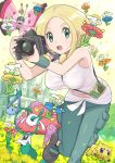  1girl absurdres bare_shoulders blonde_hair blue_eyes breasts bug butterfly camera flower gen_5_pokemon highres insect joltik large_breasts midriff navel open_mouth pants pokemoa pokemon pokemon_(game) pokemon_sm shirt solo spider tank_top viola_(pokemon) wet wet_clothes wet_shirt 