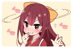  1girl blush bow ears_visible_through_hair eating eyebrows_visible_through_hair fingers_to_mouth food food_on_face food_on_finger hair_bow kamikaze_(kantai_collection) kantai_collection long_hair looking_at_viewer nose_blush red_eyes redhead rice rice_on_face simple_background solo upper_body yoru_nai 