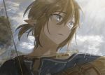  1boy blonde_hair blue_eyes blue_tunic clouds day earrings hair_between_eyes highres jewelry link mabelmine male_focus open_mouth outdoors pointy_ears shirt sky solo sunlight the_legend_of_zelda the_legend_of_zelda:_breath_of_the_wild tunic upper_body 
