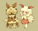  +_+ 1boy 1girl :&lt; :d ahoge antennae bangs bare_shoulders beige_background beige_gloves big_hair blunt_bangs blush boots brown_cape brown_vest cape commentary_request dark_skin dress elbow_gloves flipped_hair full_body gloves hair_between_eyes insect_boy insect_girl knee_boots long_hair looking_at_viewer maniani messy_hair monster_boy monster_girl moth_boy moth_girl open_mouth original own_hands_together pink_skin pointing red_dress red_eyes red_sclera scarf shirtless short_hair shorts sidelocks simple_background sleeveless sleeveless_dress smile thigh-highs very_long_hair vest white_footwear white_gloves white_hair yellow_eyes yellow_sclera zettai_ryouiki 