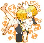  1boy 1girl 7:24 :d arm_up bare_legs bare_shoulders blonde_hair blue_eyes blush bow brother_and_sister carrying cheering clenched_hand crop_top hair_bow hair_ornament hairclip highres kagamine_len kagamine_rin leg_up midriff necktie one_knee open_mouth princess_carry sailor_collar shirt short_hair short_ponytail shorts siblings skull sleeveless sleeveless_shirt smile sweat sweatdrop tired twins vocaloid yellow_neckwear 